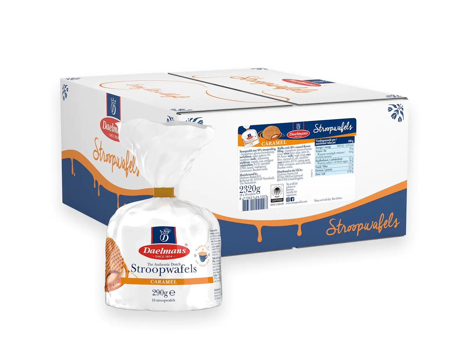 Daelmans Stroopwafels im Clipbeutel. Karton mit 8